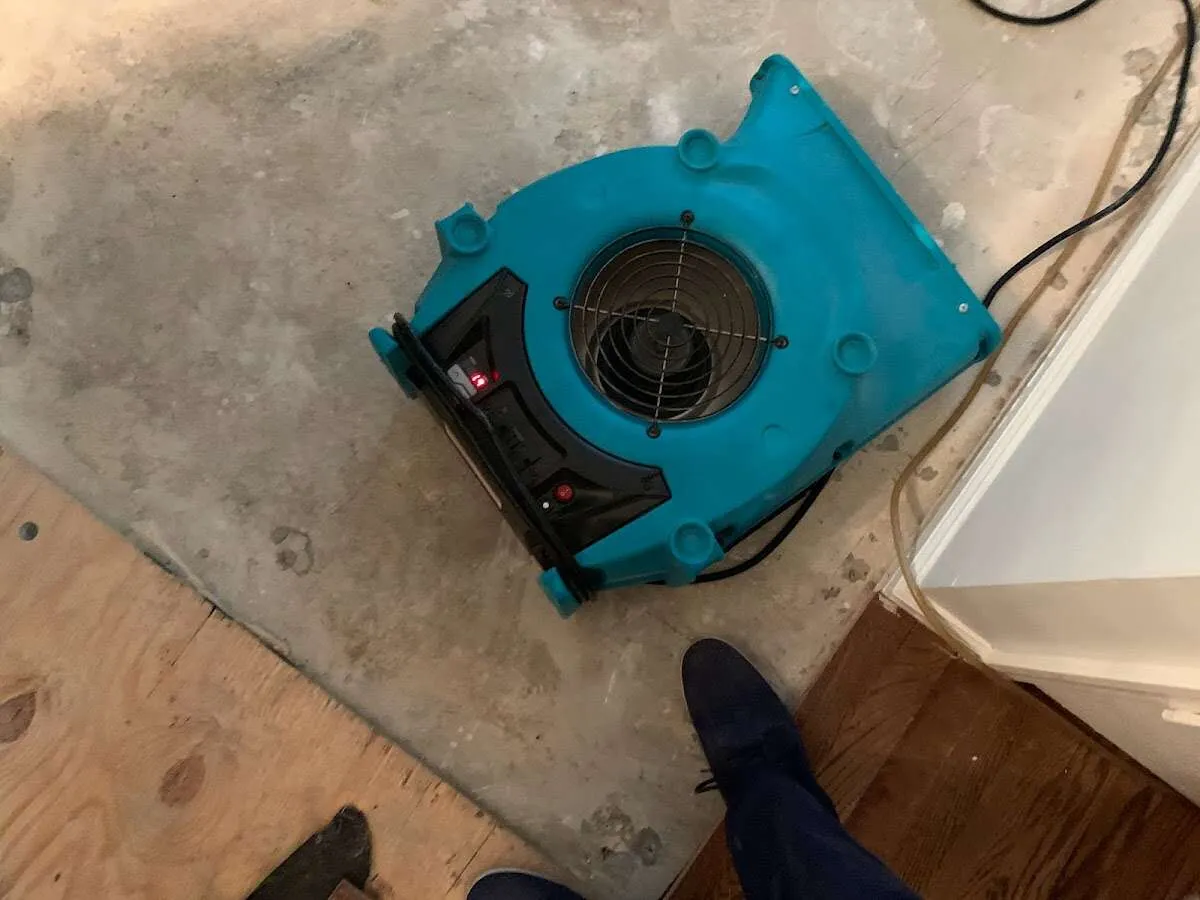 Air mover drying subfloor during Leak Detection & Repair in Moundsville